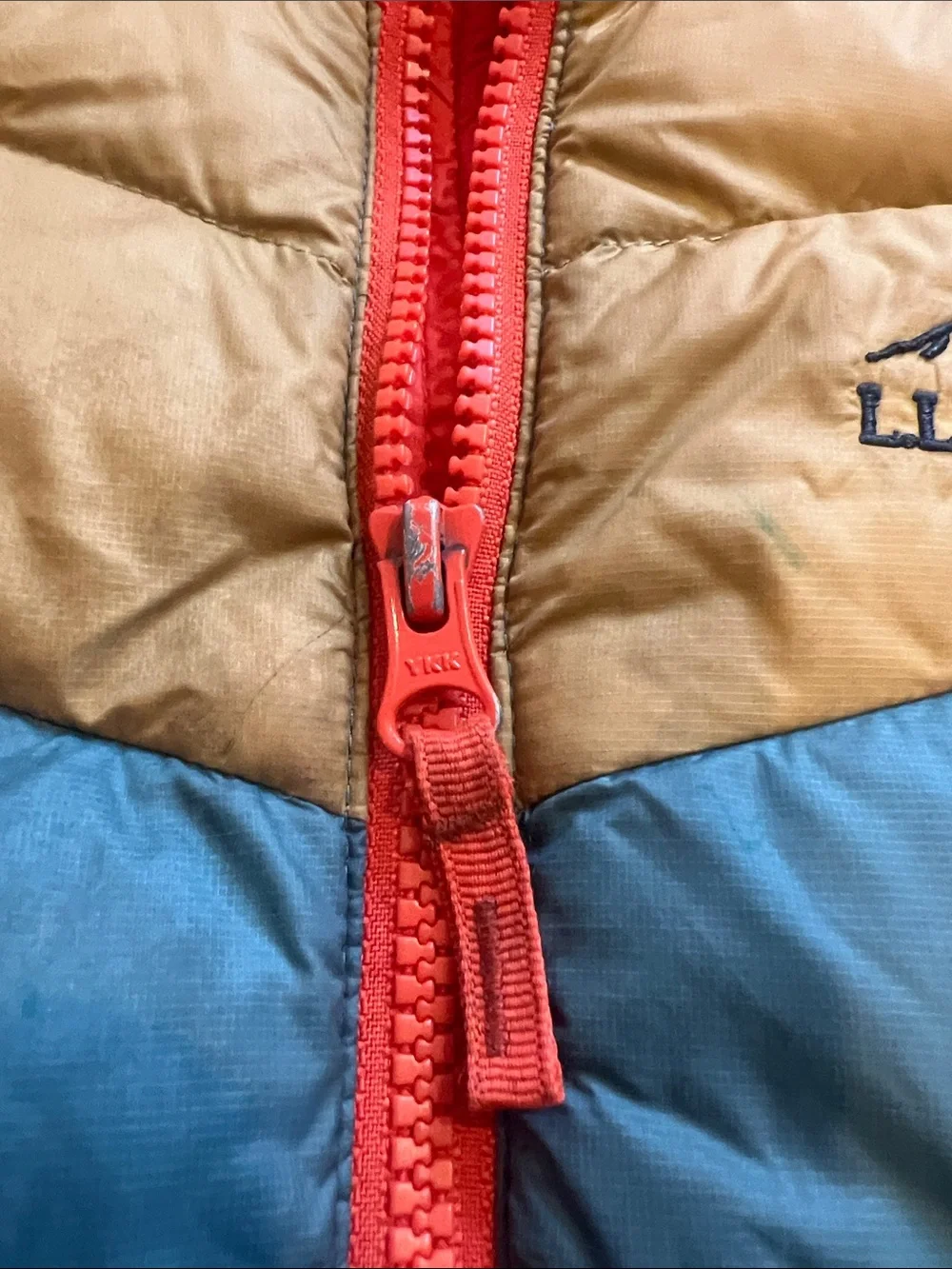 L.L. Bean Kids' Colorblock Hooded Down Puffer Jacket - Red, Tan, Teal, Navy